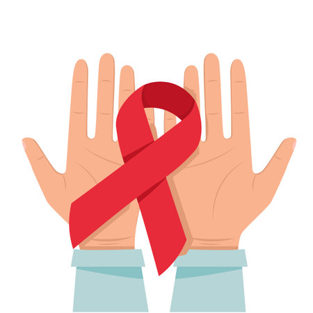 Hands hold a symbolic ribbon of the fight against AIDS. Isolated on white background in flat styleのイラスト素材