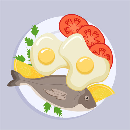 Healthy food, fish with boiled eggs on a white plate. Isolated on a gray background in a flat styleのイラスト素材