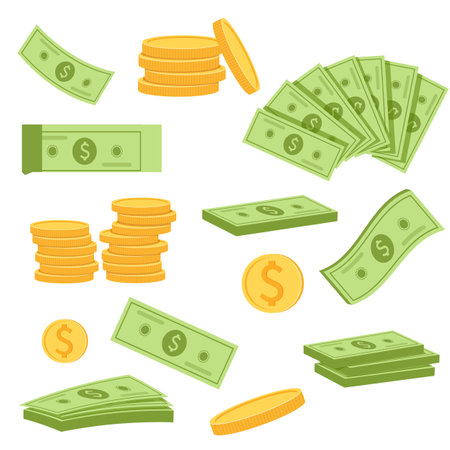 Set of money. Paper dollars and gold coins in flat styleのイラスト素材