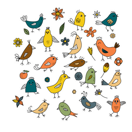 Vector illustration featuring a playful collection of colorful doodle birds, plants, and flowers. Perfect for creative projects, greeting cards, and decorative elements. Isolated on a white backgroundのイラスト素材