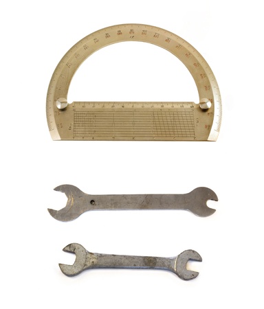 Stainless Steel Wrench close up, precision protractor template isolated on whiteの写真素材