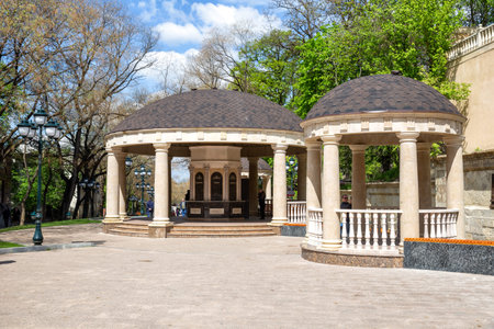 Kislovodsk, Russia - May 09, 2022: Outdoor pump room with different types of natural mineral water....