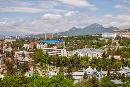 Aerial view of the resort city of Pyatigorsk and Mount Beshtauの写真素材