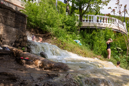 Pyatigorsk, Russia - May 10, 2022: Women bathe in a thermal mineral spring on the slope of Mount Mashuk, Pyatigorskのeditorial素材