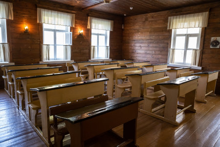Chudovo, Novgorod region, Russia - October 08, 2022: Reconstructed classroom of the 19th century in a rural school in the estate of Nekrasov NAのeditorial素材