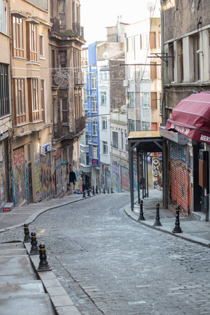 ISTANBUL, TURKEY - JANUARY 11, 2015 - Early Sunday morning in Istanbul. Shops are closed, no people.のeditorial素材