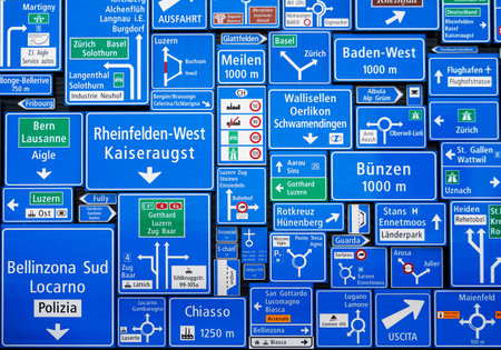LUCERNE, SWITZERLAND - FEBRUARY 07, 2010 - Swiss Museum of Transport, collage of road signsのeditorial素材