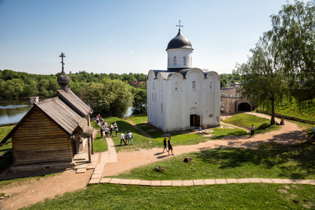 Staraya Ladoga, Russia - May 25, 2023: A group of tourists on the territory of the Staraya Ladoga...