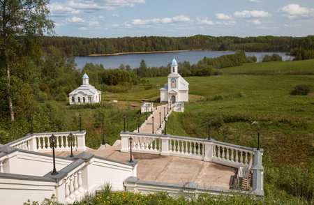 Intercession-Tervenichsky monastery, stairs to the chapel at the holy spring and the bath. Leningrad region, Russiaの写真素材
