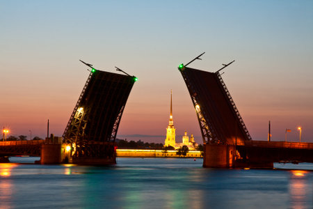 View on the Peter and Paul fortress and raised Palace bridge in summer white nights, St. Petersburgの写真素材