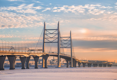 Western High-Speed Diameter (WHSD) and cable-stayed bridge over the ship's fairway. Saint-Petersburg, Russiaの写真素材