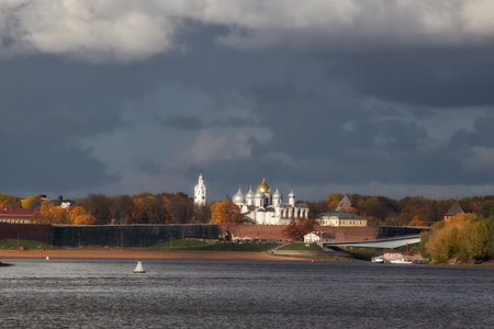 Autumn view from the Volkhov River to the Novgorod Kremlin and St. Sophia Cathedral. Veliky Novgorod, Russiaの写真素材