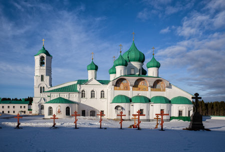 Holy Trinity Alexander Svirsky Monastery. Transfiguration Cathedral and bell tower. Leningrad Region, Russiaの写真素材