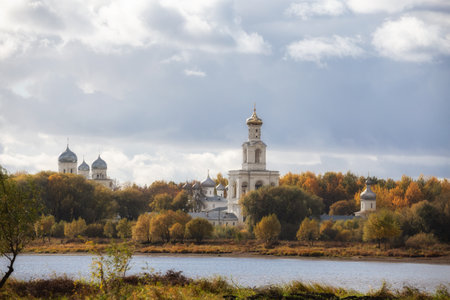 St. George (Yuriev) Monastery on the banks of the Volkhov River, Veliky Novgorod, Russiaの写真素材