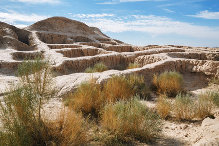 Walls of ancient fortress Toprak-Kala (Toprak Qala) in Kyzylkum desert, Karakalpakstan, Uzbekistan,...