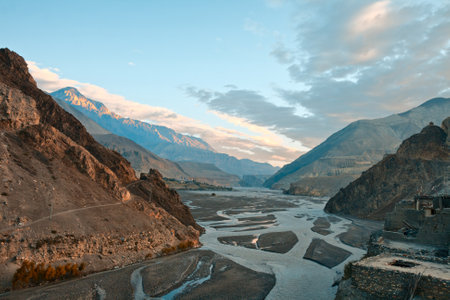 Early morning in a river Cali Gandaki valley, Himalayaの写真素材