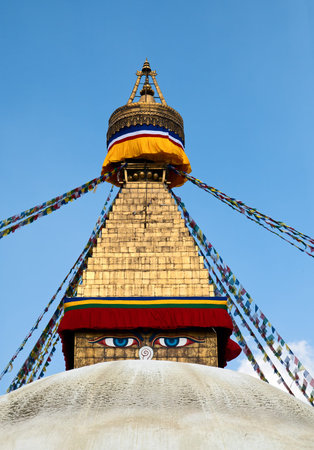 The tower of the Boudhanath Buddhist stupa in Kathmandu, Nepalの写真素材