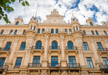 Riga art Nouveau (Jugendstil), richly decorated with stucco ornaments and female figures facade of the house on Alberta street (Alberta iela), 13, architect M. Eisensteinの写真素材