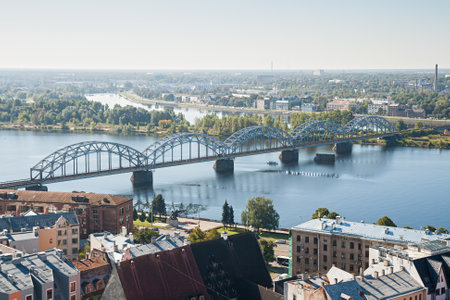 Top view of the railway bridge across the river Daugava. Riga, Latviaの写真素材