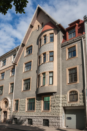 Riga Art Nouveau (Jugendstil), facade of the house on Vilandes Street in the style of National Romantic, architect K. Pekshensの写真素材
