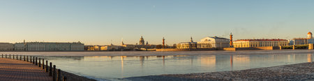 Panoramic view of the Spit of Vasilievsky island and the embankments of the Neva river early in the morning, St. Petersburg, Russiaの写真素材