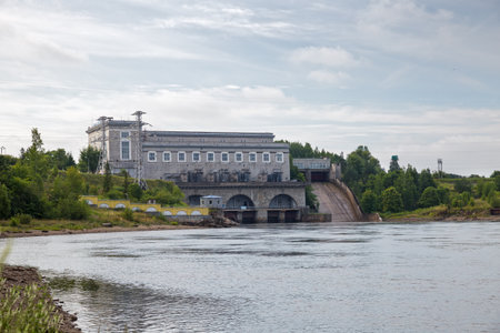 Narva hydroelectric power station on the Narva River on the border of Russia and Estoniaの写真素材