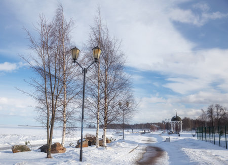 Cityscape of Petrozavodsk. Onega Lake Embankment with Rotunda Pavilion, Russiaの写真素材