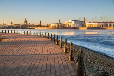 Embankment of the Hare Island near Peter and Paul Fortress overlooking the Spit of Vasilievsky Island, Palace Bridge, St. Isaac Cathedral and Admiralty. Focus in foregroundの写真素材