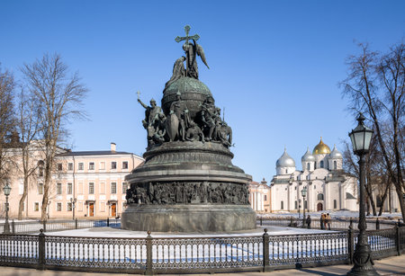 Millennium of Russia bronze monument in the Novgorod Kremlin with St. Sophia Cathedral in the background, Russiaの写真素材