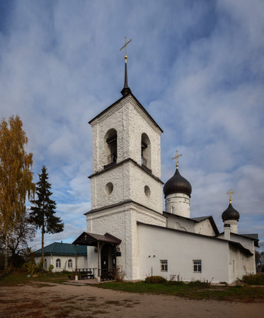 Ancient church of the 16th century of St. Nicholas the Wonderworker on an island in the river Velikaya in the town of Ostrov, Pskov region, Russiaの写真素材