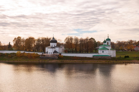Ancient Mirozhsky monastery in Pskov on the Velikaya riverの写真素材