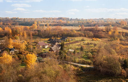 Scenic autumn countryside landscape. Izborsk, Pskov region, Russiaの写真素材