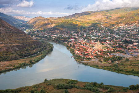 Aerial view of the ancient city of Mtskheta near the confluence of the Aragvi and Kura rivers....