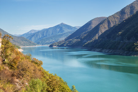 Zhinvali reservoir on Aragvi River, Georgia. Beautiful landscape in autumn sunny dayの写真素材
