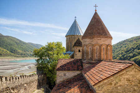 Domes of churches of Ananuri fortress on background of Aragvi River and Zhinvali reservoir. Georgiaの写真素材