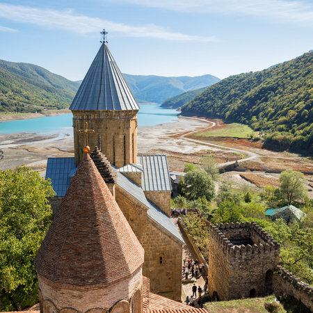Scenic view from Ananuri fortress on Aragvi river and Zhinvali reservoir in autumn. Georgia