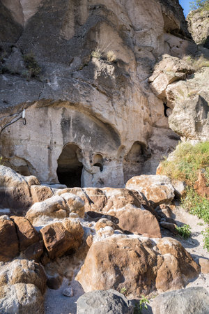 Entrance to the room in ancient cave monastery Vardzia, Georgiaの写真素材