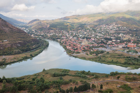 Beautiful view from Jvari Monastery to confluence of Aragvi and Kura rivers, town of Mtskheta and...