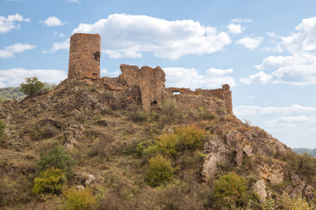 Ruins of ancient Slesa fortress on top of hill, Georgiaの写真素材