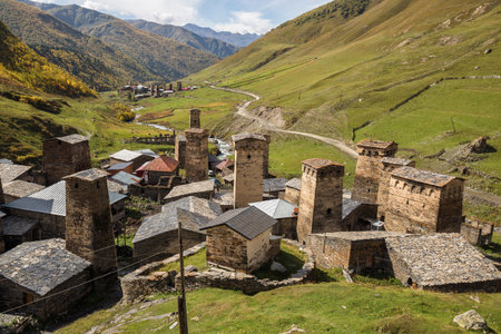 Picturesque landscape of Upper Svaneti with medieval towers. Ushguli, Georgiaの写真素材