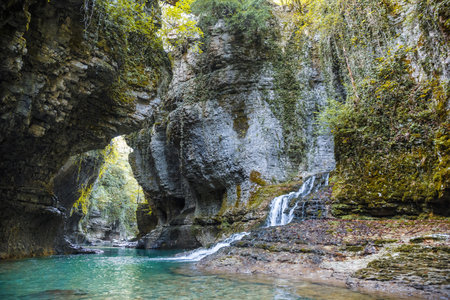 Picturesque Martvili canyon on the Abasha river, natural landmark of Georgiaの写真素材