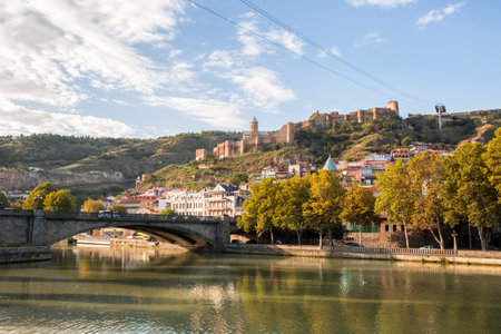 Autumn Tbilisi, view of Narikala fortress and Metekhi bridgeの写真素材