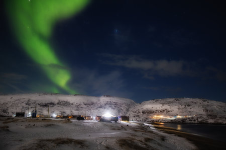Teriberka village under the Aurora borealis. The Arctic, Murmansk regionの写真素材