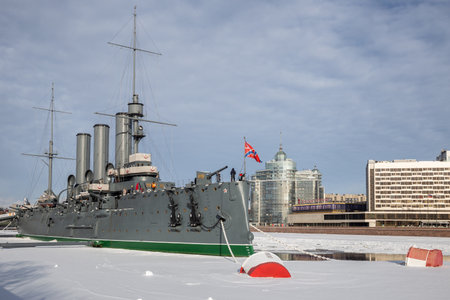 Saint Petersburg, Russia - February 12, 2023: The cruiser Aurora is permanently moored at the Neva embankmentのeditorial素材