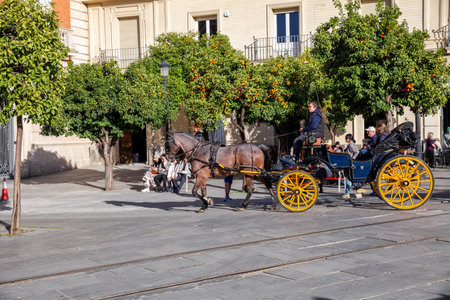 Seville, Spain - February 19, 2026: Tourists in a horse-drawn carriage ride along the street of...