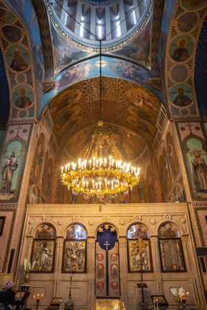 TBILISI, GEORGIA - SEPTEMBER 23, 2018: Interior Sioni Cathedral in Tbilisi, the altar, frescoes and...