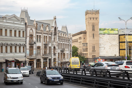 TBILISI, GEORGIA - SEPTEMBER 22, 2018: View of Tbilisi, thoroughfare Pushkin street with heavy trafficのeditorial素材