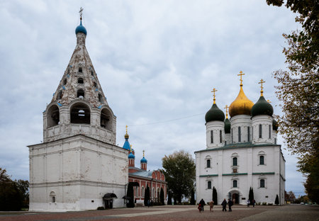 Kolomna, Russia - October 13, 2024: Cathedral Square in the Kolomna Kremlin with the Dormition Cathedral and the Tikhvin Church with a bell towerのeditorial素材