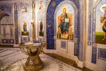 Park Patriot, Moscow region, Russia - May 17, 2021: Main Cathedral of the Russian Armed Forces, interior of the Lower Prince Vladimir Church. Baptismal font for babies in the Baptisteryのeditorial素材
