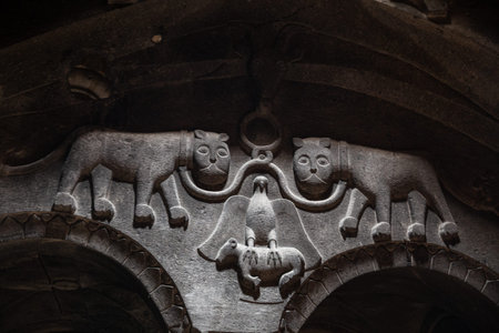 Geghard, Armenia - March 23, 2024: Interior of an ancient Armenian temple in the Geghard monastery....